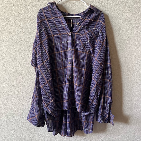 Free People Break My Stride Purple Metallic Plaid Oversized Button Up Shirt M - Picture 3 of 7